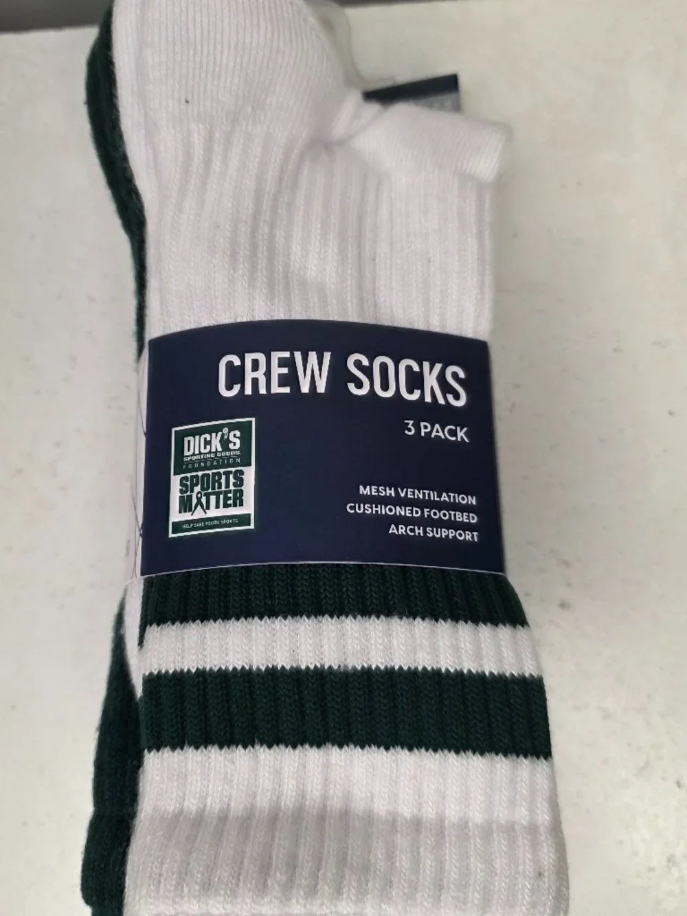 Dick's Sporting Goods 3 Pack Crew White Green Unisex Socks Size Medium NWT
